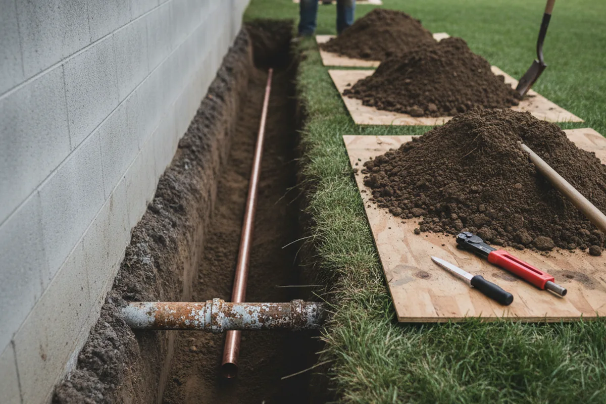 Excavated water line trench during Water Softener Installation in Ephrata